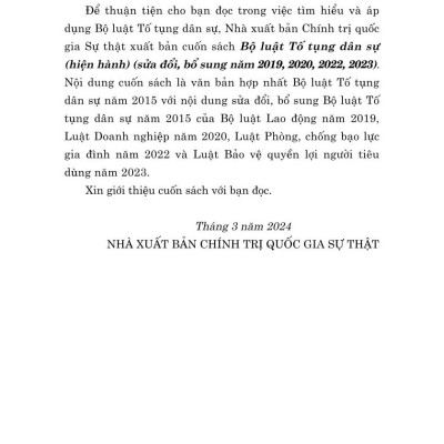 Bộ luật Tố tụng Dân sự ( Hiện hành) (sửa đổi, bổ sung năm 2019, 2020,2022,2023) - bản in 2024