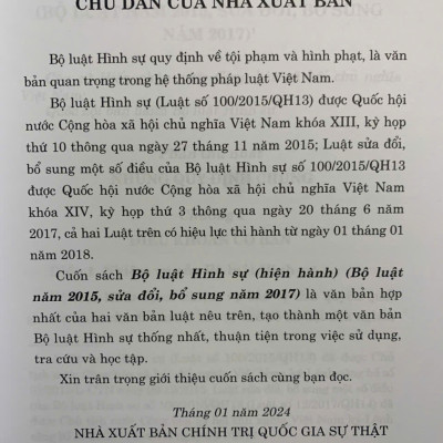 Bộ Luật Hình Sự Hiện Hành (Bộ Luật Năm 2015, Sửa Đổi, Bổ Sung Năm 2017)