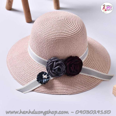 Nón du lịch biển nơ 2 hoa, nón cói đi biển nơ hoa, vành rộng chống nắng tốt, có dây thu nhỏ size bên trong nón - Hạnh Dương