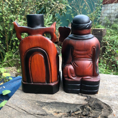 Cặp tượng ông thần tài bằng gỗ hương đá tô mầu giả cổ kt cao 20×11×11cm