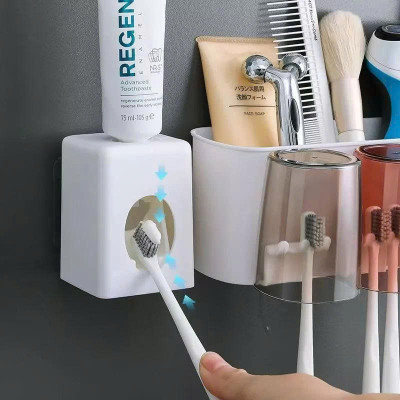 Bộ Nhả Kem Đánh Răng Tự Động Cao Cấp Kèm 4 Cốc – Kệ Để Bàn Chải Gắn Tường