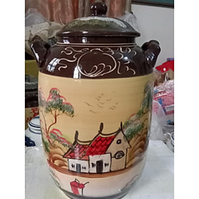 Hũ đựng rượu gạo gốm sứ Bát Tràng vẽ phong cảnh loại 30L