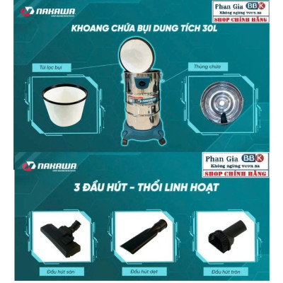 [chính hãƞg] Máy Hút Bụi Công Nghiệp 30L NAKAWA - Công Suất 1600W - Motor Dây Đồng (Bảo Hành 1 Năm)
