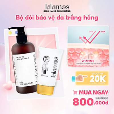 Combo bảo vệ da trắng hồng Lalamos Sữa Rửa Mặt 280ml + Kem Chống Nắng Nhụy Kim Ngân Hoa Nâng Tone 50ml