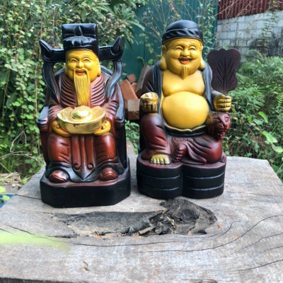 Cặp thần tài ông thổ địa bằng gỗ hương đá tô làm mầu giả cổ kt cao 30×15×14cm