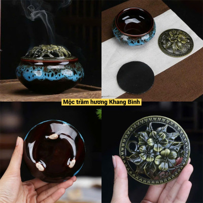 Lư gốm sứ Hoa Văn Xông đốt nụ vân mây nhang Trầm Hương kèm đế lót bông - Mộc Trầm Hương Khang Bình