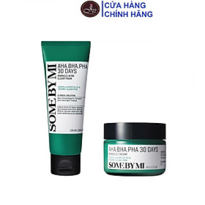 Bộ 2 Sản Phẩm Giảm Mụn Giảm Thâm Some By Mi AHA-BHA-PHA 30 Days Miracle (Sữa rửa mặt + Kem)