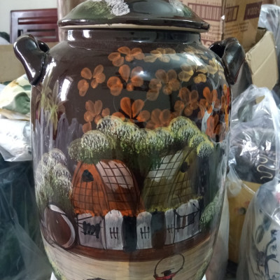 Hũ đựng rượu gạo men nâu vẽ phong cảnh Bát Tràng loại 30L