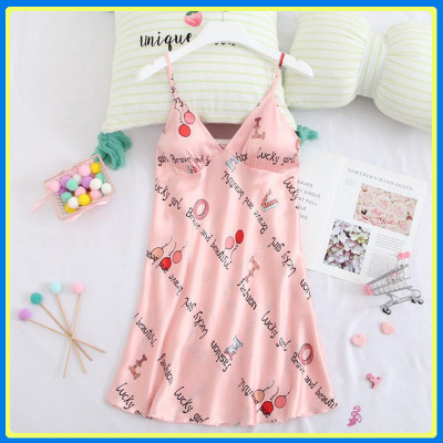 Q147 Váy ngủ lụa hai dây kèm mút ngực in hoa văn sexy  - Đầm ngủ lụa hai dây - Váy ngủ