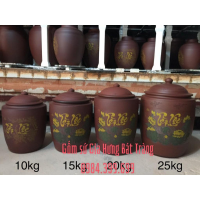 Hũ sành đựng gạo vẽ sen 10kg gốm Gia Hưng Bát Tràng