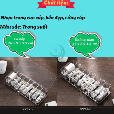 Hộp Nhựa Trong Suốt Đựng Cáp Sạc & Phụ Kiện - Hộp Chia Ngăn Đa Năng Lưu Trữ Dây Sạc- Hộp Đựng Dây Cáp Mini Có Nắp Đậy- Hộp Nhựa Trong Suốt Đựng Đồ Công Nghệ- Hộp Lưu Trữ Dây Điện, Củ Sạc, Văn Phòng Phẩm