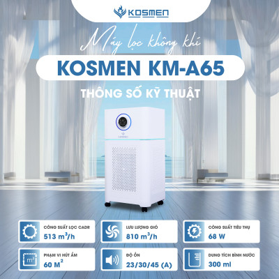 Máy Lọc Không Khí Kosmen KM - A65 Lọc Bằng Ion âm, Diệt Khuẩn Bằng Đèn UV, Khóa Trẻ Em - Hàng Chính Hãng BH 24 Tháng