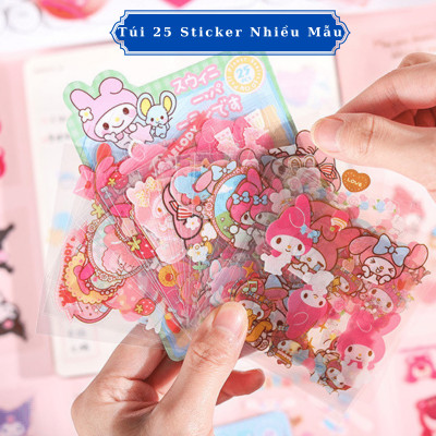 Túi 25 Tờ Sticker Sanrio, Gấu Dâu, Cinnamoroll, Thỏ Tai Hồng (Đã Cắt Sẵn) 