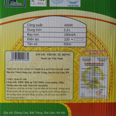 Ấm Siêu Sắc Thuốc Điện Tự Động Gốm Bát Tràng Bảo Long Phú Vinh Cao Cấp PV-386H (3,2 lít) - Màu Ngẫu Nhiên - Hàng Chính Hãng