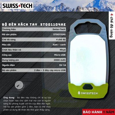 Bộ 2 đèn xách tay dùng trong cắm trại dùng Pin sạc SWISS+TECH ST001104AE - Hàng chính hãng