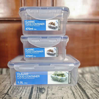 Bộ 3 Hộp Nhựa Classic Lock&Lock Hình Chữ Nhật Khóa 4 Cạnh Kín Hơi (1 Hộp 1L và 2 Hộp 470ml)