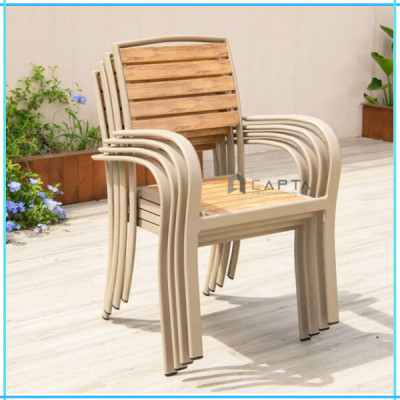 Ghế ngoài trời xếp chồng Ghế ngồi ban công lưng gỗ nhựa Polywood (nhựa giả gỗ) khung nhôm có tay tựa CC2028-A - Outdoor dining chair