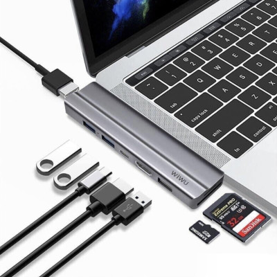 Hub Wiwu 8 In 1 T9 USB-C - USB 3.0 - HDMI - SD - Khe cắm TF - Type-C, Bộ Chuyển Đổi Đầu Ra Video HD 4K - Hàng Chính Hãng