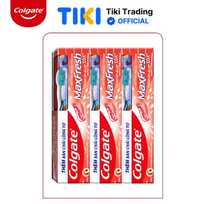 Bộ 3 Kem đánh răng Colgate MaxFresh Hương Đào Mát Lạnh 225g tặng kèm bàn chải