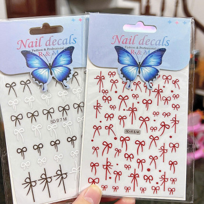 Sticker 5D Nơ Đen Trắng Mix Nổi R7M Dán Móng Keo Tự Dính, Hình Dán Móng Nơ Đỏ Lụa Dạng Nổi Làm Nail Cao Cấp Nữ Women