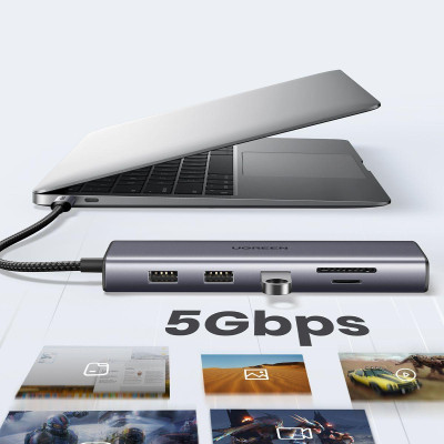 Ugreen UG15601CM498TK USB type C sang 1 x HDMI 4K30hz + 1 x VGA xuất cùng lúc + 1 x RJ45 1Gbps + TF + SD + 3 x USB 3.0 + 1 x 3.5mm NO MIC + 1 x USB-C PD 100W Bộ chuyển 10in1 - HÀNG CHÍNH HÃNG