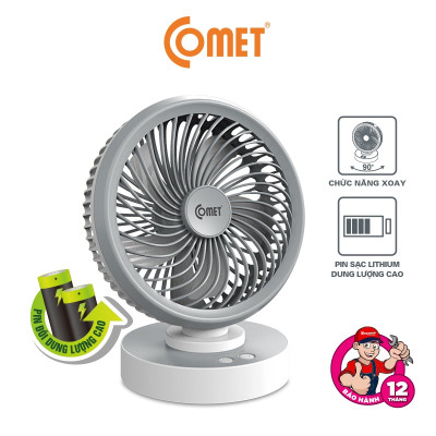 Quạt Sạc Tích Điện Để Bàn Đa Năng COMET CRF1506 7W, 4 Cấp Độ Gió, Xoay 90 Độ, 2 pin rời 18650 Lithium 1500mAh Để Bàn Văn Phòng hàng chính hãng