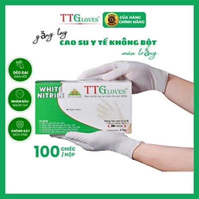 Găng Tay Y Tế Size M Không Bột Nitrile TTGLOVES Màu Trắng ( 100 Chiếc/hộp)