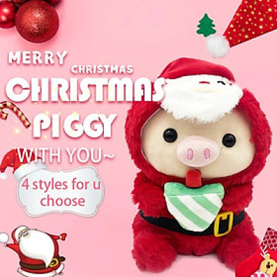 Thú nhồi bông heo cosplay đội nón - Size 35cm - Quà tặng gấu bông heo ôm bình sữa màu đỏ đáng yêu.