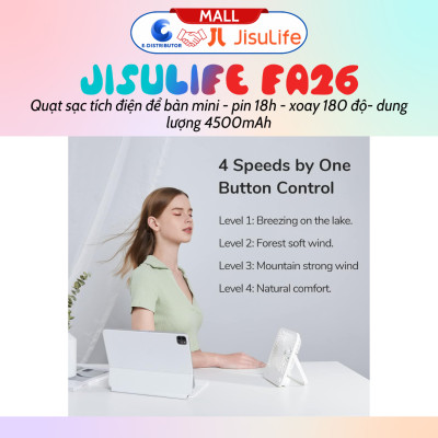 Quạt tích điện mini để bàn Jisulife FA26 - pin 4500mah pin 18 giờ, xoay 180 độ - Hàng chính hãng