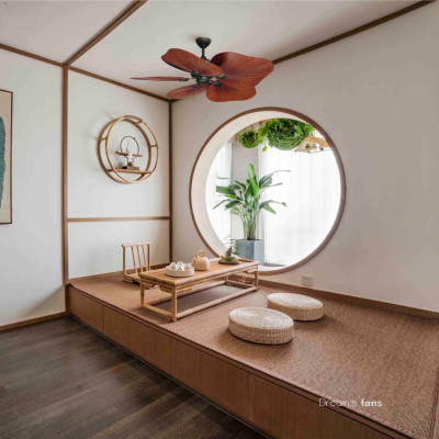 Quạt trần cánh lá, mẫu sang trọng, vừa trang trí và mát, êm, có điều khiển từ xa, động cơ DC tiết kiệm điện 6 tốc độ gió