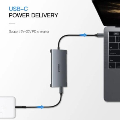 Ugreen UG40873CM179TK Bộ chuyển đổi TYPE C sang 3 USB 3.0 + HDMI + VGA + LAN + SD TF + hỗ trợ nguồn TYPE C - HÀNG CHÍNH HÃNG