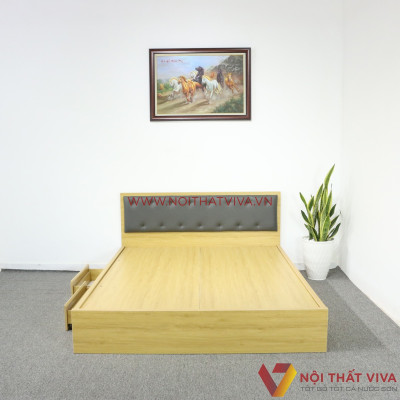 Giường Ngủ Gỗ MDF Melamine Màu Vàng Có Ngăn Kéo + Đầu Nệm Đen Đẹp