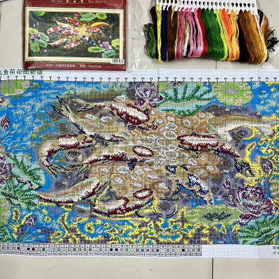 Tranh thêu kín cửu ngư quần hội E183, kích thước 100 x 60 cm