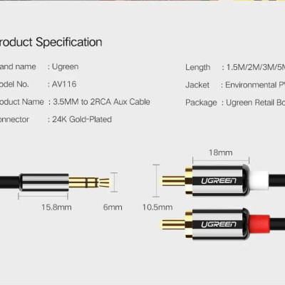 Ugreen UG10591AV116TK 5M màu Đen Cáp âm thanh 2 đầu Bông sen sang 3.5mm Dương mạ vàng - HÀNG CHÍNH HÃNG