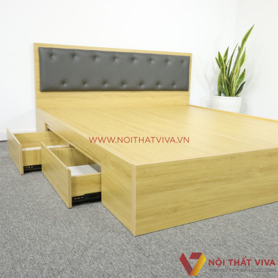 Giường Ngủ Gỗ MDF Melamine Màu Vàng Có Ngăn Kéo + Đầu Nệm Đen Đẹp