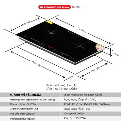 Bếp điện từ, điện quang, hồng ngoại đặt âm Gali GL-2025, 2in1, 3600w hàng chính hãng nhập khẩu Gali bảo hành 24 tháng.