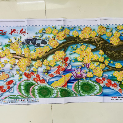 Tranh thêu chữ thập Cửu ngư cành mai vàng LV3468, kích thước 124 x 58 cm