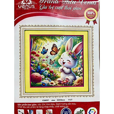 Tranh thêu kín Thỏ đùa bướm vs8097, kích thước 50x50 cm