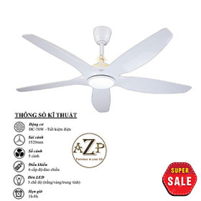 Siêu Sales QUẠT TRẦN AZP- 5 CÁNH NHỰA, CÔNG XUẤT 70W, CÓ REMOTE- Hàng Nhập Khẩu
