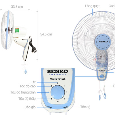 Quạt treo tường 2 dây SENKO TC1626 - Hàng Chính Hãng