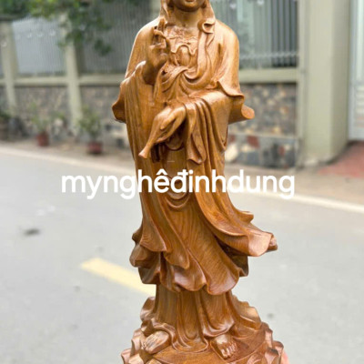 Tượng phật bà quan âm bồ tát bằng gỗ bách xanh thơm nức cao 30x9cm