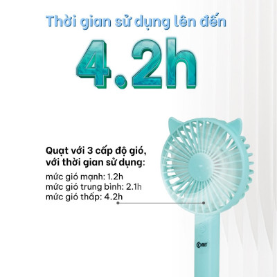 Quạt Sạc Cầm Tay COMET CRF1104 Công Suất 3W, Pin 1200mAh, Có Đế Rời, Kích Thước Nhỏ Gọn hàng chính hãng