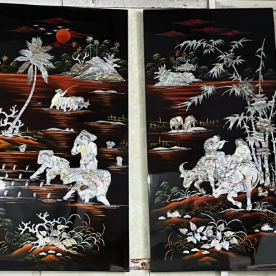 Bộ Tranh Sơn Mài 4 Tấm - NGƯ TIỀU CANH MỤC | Khảm Cừ Chìm Cao Cấp | Size 80x160 cm