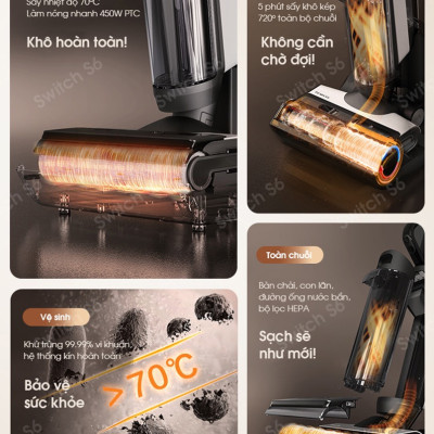 Máy Hút Bụi Lau Sàn Tineco Floor One Switch S6 Hút Bụi Lốc Xoáy, Sấy Khô 70°C Tràn Tràn Viền 2 Cạnh - Hàng Chính Hãng