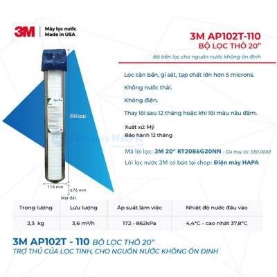 Bộ Lọc Thô 20 inch 3M AP102T-110 | CFS02T Cao Cấp Kèm Lõi 20" - Hàng Chính Hãng 3M, Nhập Khẩu Mỹ