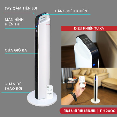 Máy sưởi gốm không khô da nhập khẩu FUJIHOME FH2000 điều khiển từ xa, quạt sưởi ấm mini hẹn giờ, tự động ngắt ,không phát sáng, không đốt oxi- Hàng nhập khẩu