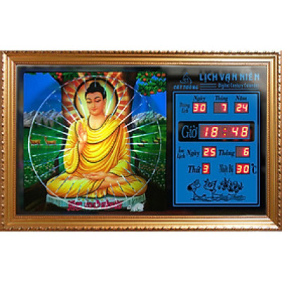 Đồng hồ Lịch Vạn Niên tranh đèn treo tường hiệu Cát Tường_tranh Phật Tổ 55621_KT 55x35x7cm_Có 2 loại (Không remote đèn và Có remote đèn)