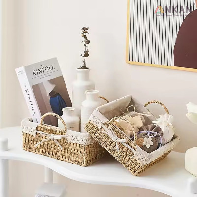 Giỏ Decor Hình Vuông Có Quai Xách – Đan Tay Thủ Công, Lót Vải Hoa Vintage, Trang Trí & Đựng Đồ Đa Năng