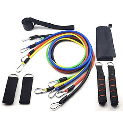 Bộ Dây Đàn Hồi Ngũ Sắc Tập Gym Đa Năng  11chi tiết, gọn nhẹ có thể mang đi lại bất kỳ nơi đâu, không bị gò bó về không gian và thời gian - tặng kèm túi đựng và hướng dẫn(móc to)