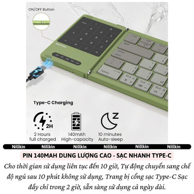 Bàn phím gấp gọn di động không dây bluetooth V5.2 tích hợp trackpad & phím số hiệu Nillkin Cube Pocket - Nhỏ gọn, mỏng nhẹ, phím tắt thông minh, hỗ trợ Androids & iOS, gõ thoải mái cho iPad cho iPhone, máy tính bảng, cho macbook, laptop - hàng nhập khẩu